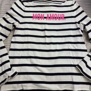 kate spade Black and White Striped "Mon Amour" Long Sleeve Top with Pink Script